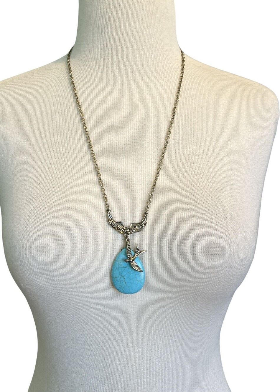 Turquoise Swallow Goldtone Pendant Necklace Charm Antiqued Gold